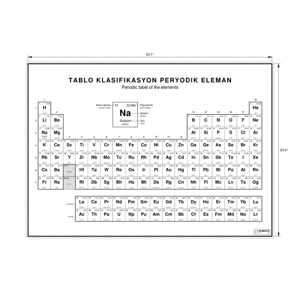 Leskoff Periodic Table Chart, 33.1 x 23.4 in (84.1 x 59.4 cm, Poster / Wall Chart), 18-Column Layout, Haitian Creole/English-Labeled, image 1 of 2